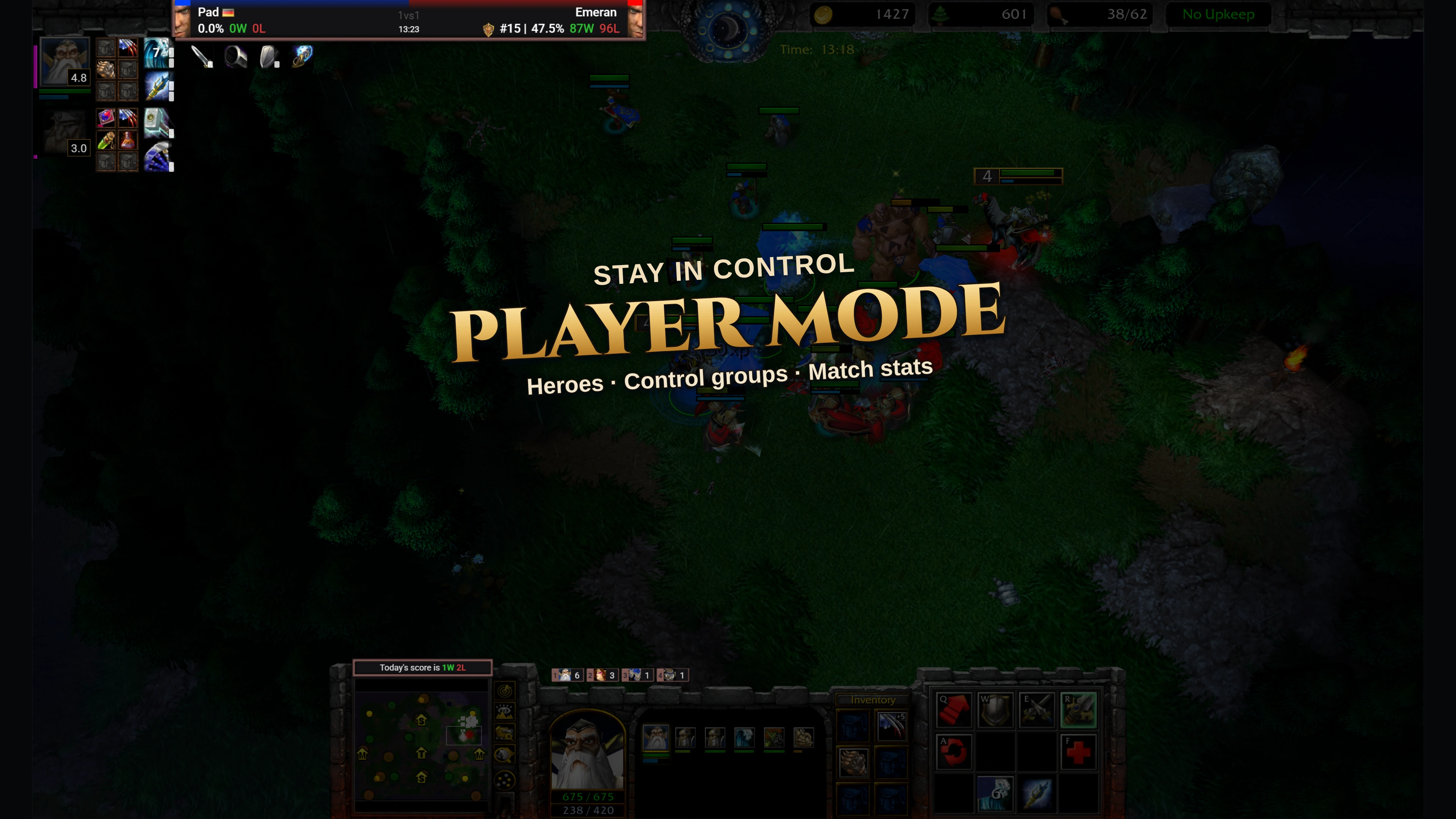 Match Vision player mode in Warcraft III, with hero information, control groups, and match statistics