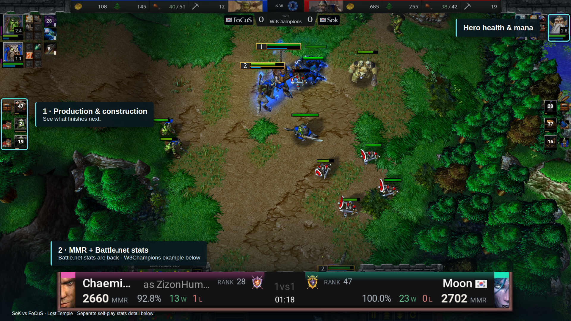Real Warcraft III replay with production queues and hero vitals highlighted, plus a separate self-play MMR detail