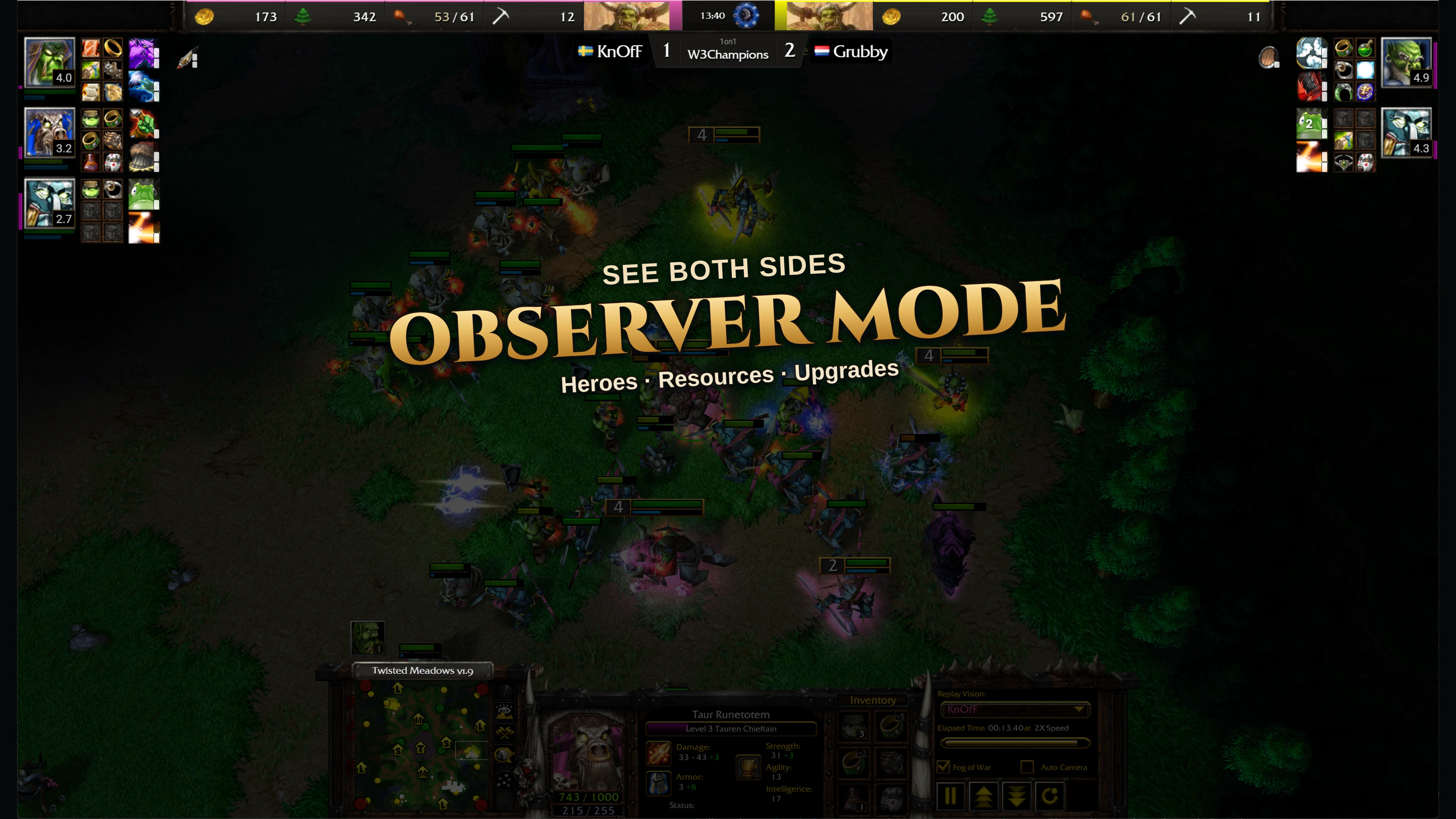 Match Vision observer mode in Warcraft III, showing both players’ heroes and resources